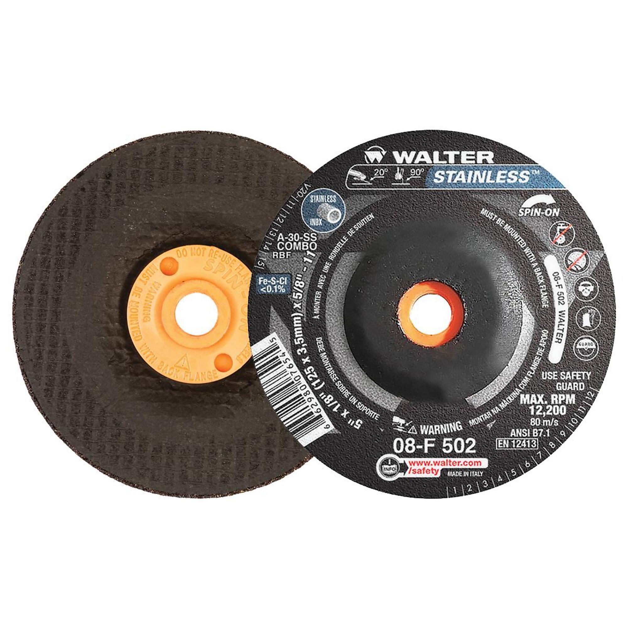 Walter 5in. x 1/8in. A30SS Spin-On Grinding Wheels for Angle Grinder — Stainless Steel, Pack of 25, Model# 08F502